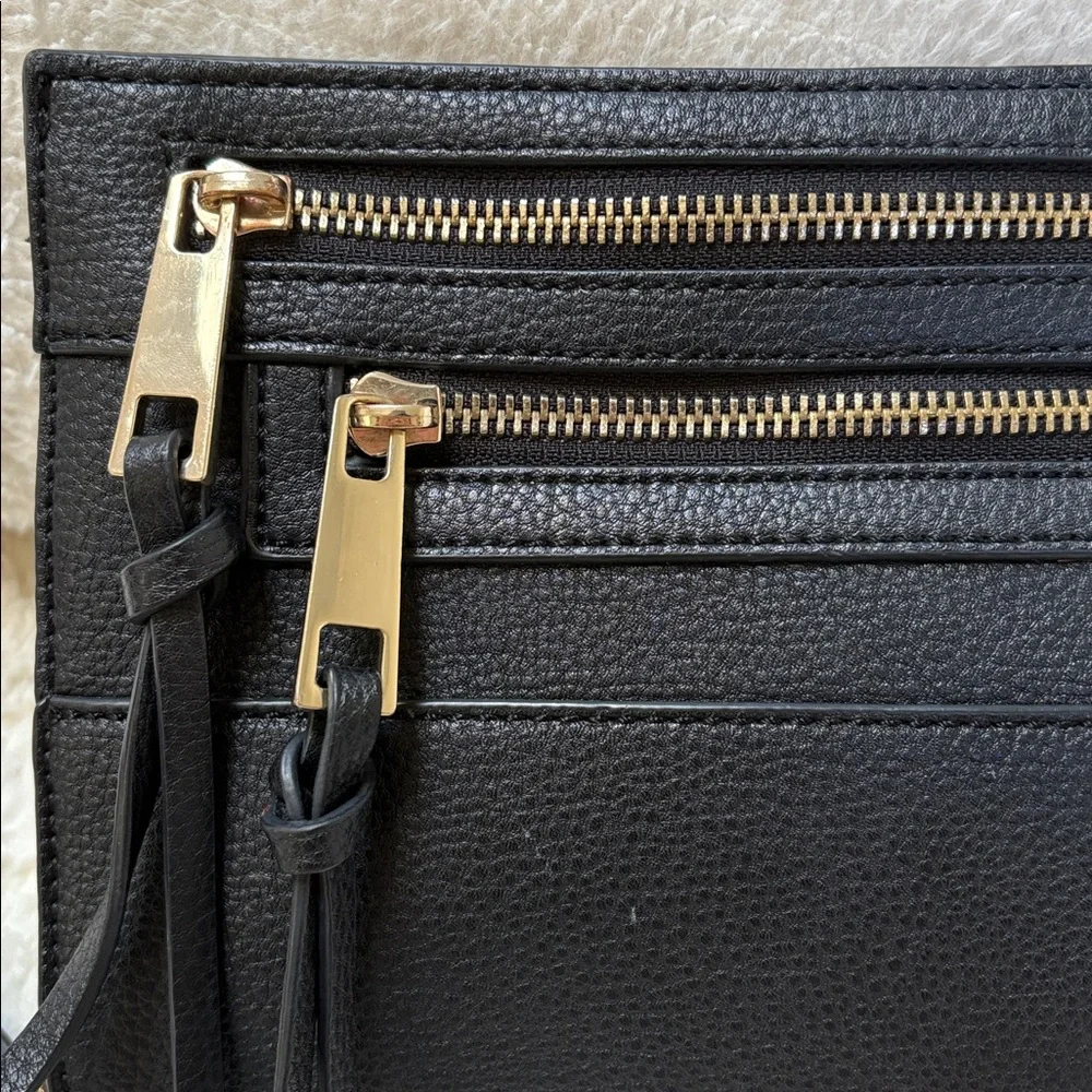 Black Faux Leather Crossbody Bag with Gold Accents and Zippers - Picture 6 of 7